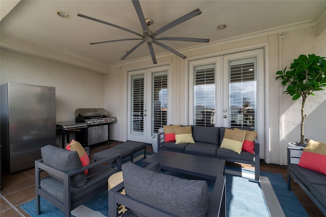 view of patio / terrace with an outdoor living space, grilling area, french doors, and ceiling fan