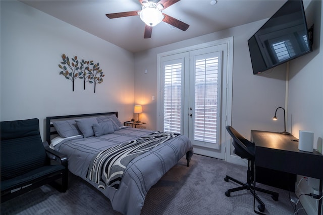 carpeted bedroom featuring access to outside and ceiling fan