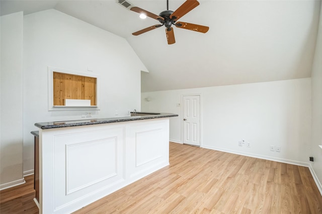 interior space featuring ceiling fan, lofted ceiling, and light hardwood / wood-style floors