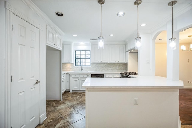 kitchen featuring white cabinetry, ornamental molding, dishwasher, pendant lighting, and backsplash