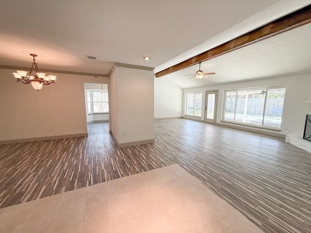 unfurnished living room with ornamental molding, dark hardwood / wood-style flooring, ceiling fan with notable chandelier, and vaulted ceiling with beams