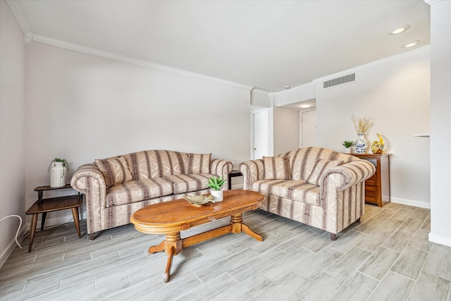 living room with ornamental molding