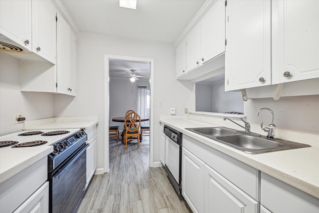 kitchen with sink, white cabinetry, light wood-type flooring, dishwasher, and range with electric cooktop