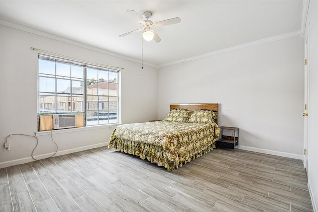 bedroom with crown molding, ceiling fan, light hardwood / wood-style floors, and cooling unit