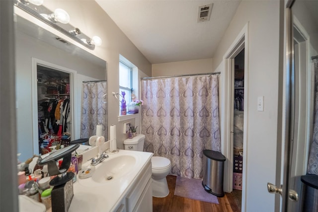 bathroom with vanity, curtained shower, wood-type flooring, and toilet