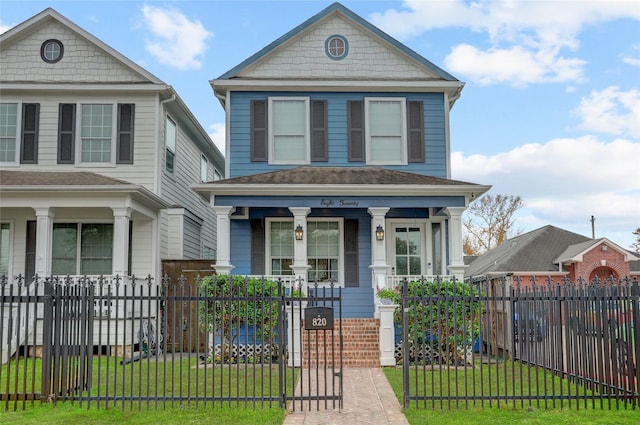 view of front of property with covered porch and a front yard