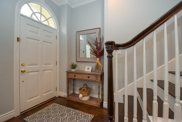 foyer entrance featuring crown molding and dark hardwood / wood-style flooring