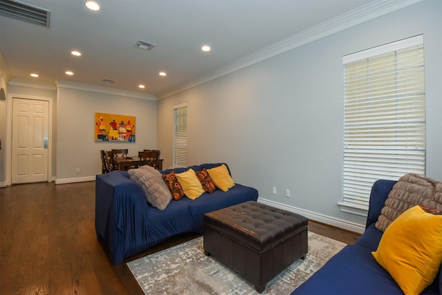 living room featuring crown molding and dark hardwood / wood-style flooring