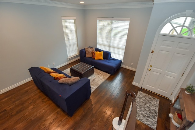 living room with dark wood-type flooring and crown molding