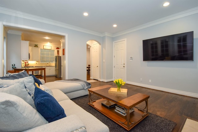 living room with sink, crown molding, and dark hardwood / wood-style floors