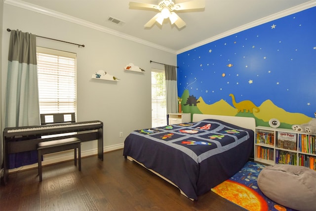 bedroom featuring crown molding, dark wood-type flooring, and ceiling fan