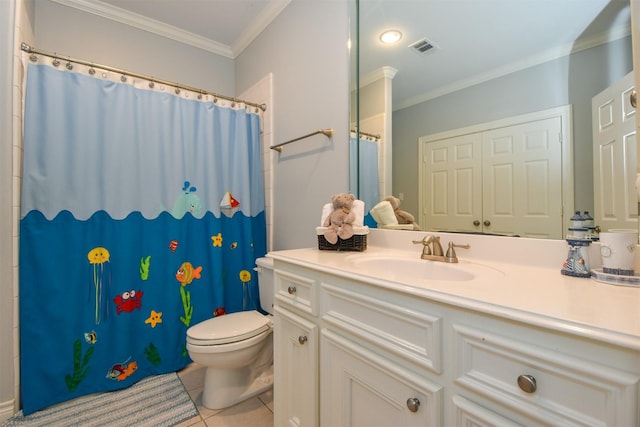 bathroom featuring toilet, a shower with curtain, ornamental molding, vanity, and tile patterned flooring