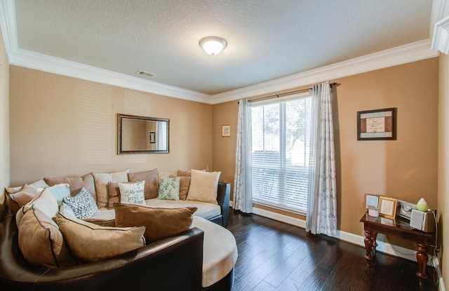 living room with ornamental molding, dark hardwood / wood-style floors, and a textured ceiling