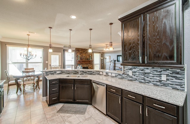 kitchen with pendant lighting, sink, dishwasher, light stone countertops, and kitchen peninsula