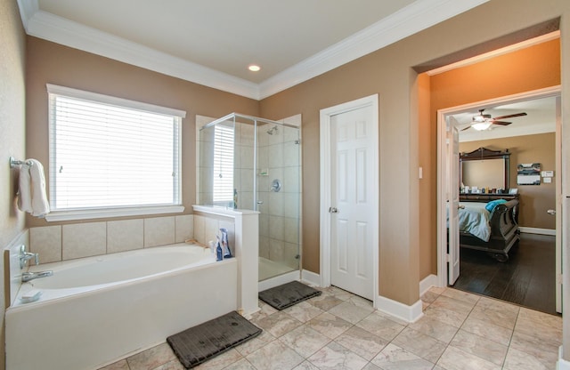 bathroom with crown molding, ceiling fan, and plus walk in shower