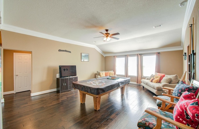 playroom with vaulted ceiling, ornamental molding, a textured ceiling, and dark hardwood / wood-style flooring