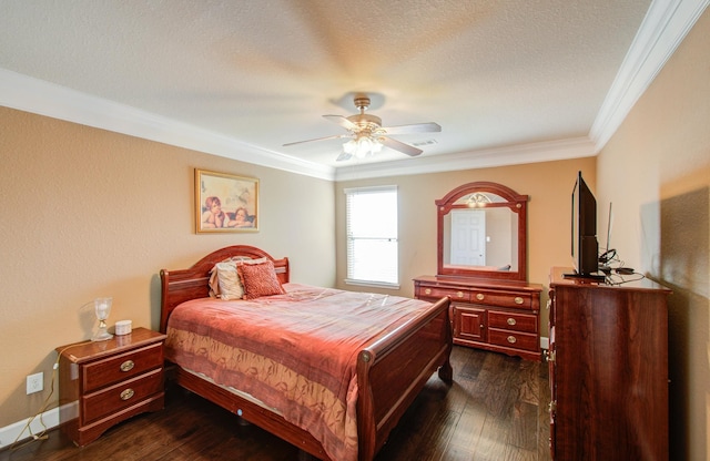 bedroom with crown molding, ceiling fan, a textured ceiling, and dark hardwood / wood-style flooring