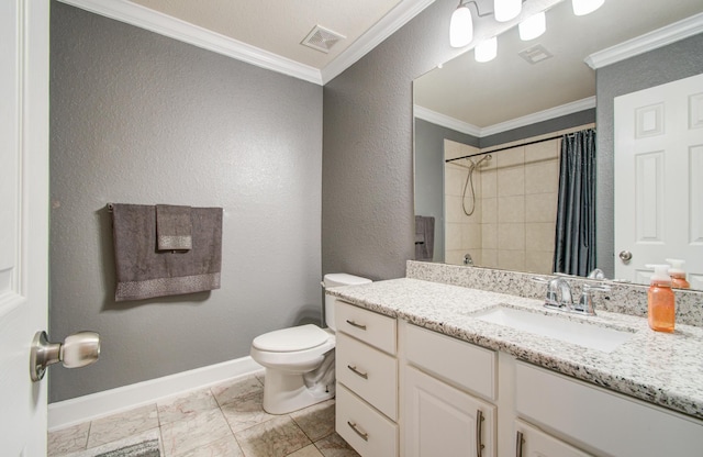 bathroom with vanity, crown molding, toilet, and a shower with shower curtain