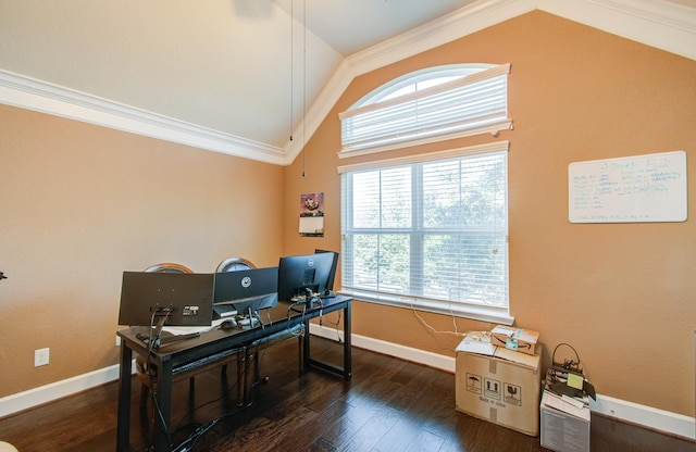 office with dark hardwood / wood-style flooring, crown molding, and vaulted ceiling