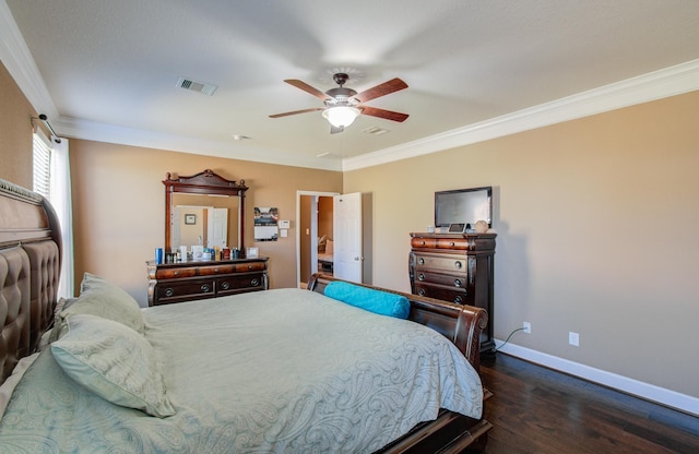 bedroom featuring ornamental molding, ceiling fan, and dark hardwood / wood-style flooring