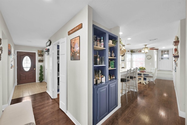 foyer featuring ceiling fan and dark hardwood / wood-style flooring