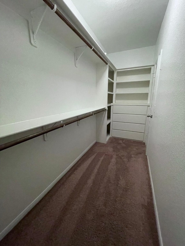 spacious closet featuring dark carpet