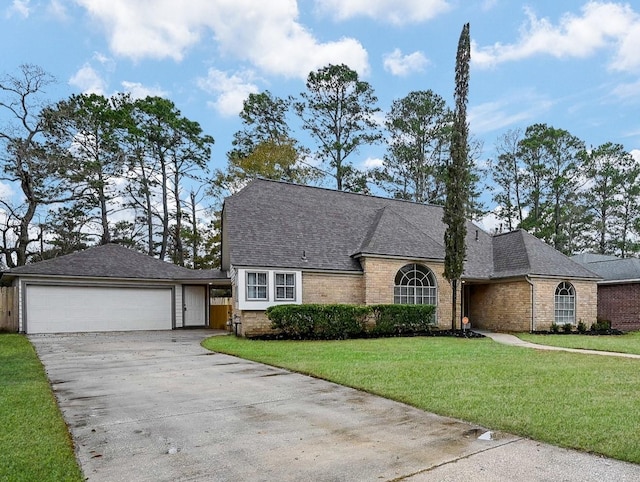 view of front of home with a garage and a front lawn