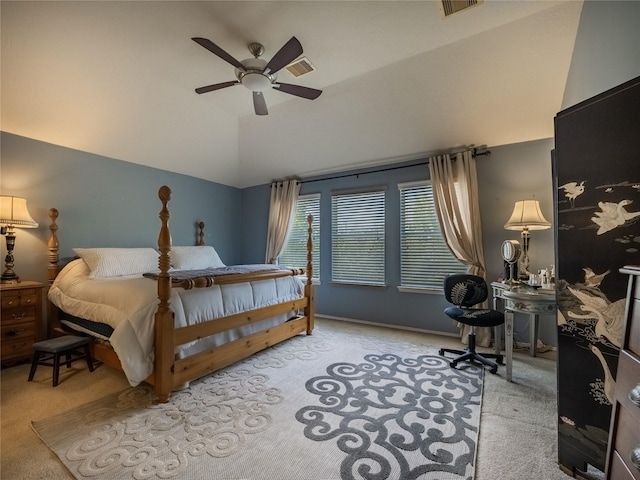 carpeted bedroom with lofted ceiling and ceiling fan