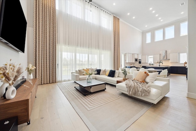 living room with sink, ornamental molding, light hardwood / wood-style floors, and a high ceiling