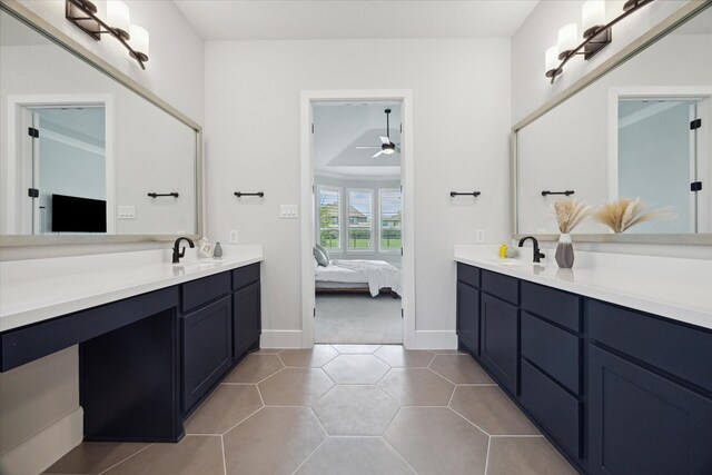 bathroom featuring vanity, tile patterned floors, and ceiling fan