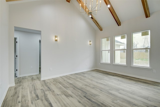 unfurnished living room featuring a notable chandelier, high vaulted ceiling, beamed ceiling, and light wood-type flooring