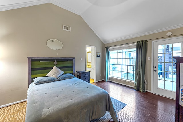 bedroom with crown molding, dark hardwood / wood-style floors, vaulted ceiling, and access to exterior