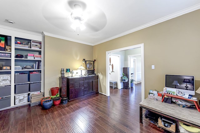 misc room with ornamental molding, dark hardwood / wood-style floors, and ceiling fan