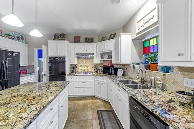 kitchen featuring sink, pendant lighting, white cabinets, and black appliances