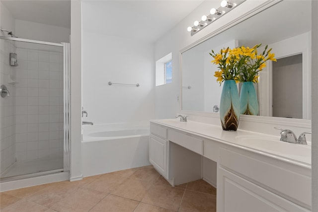 bathroom with vanity, independent shower and bath, and tile patterned flooring