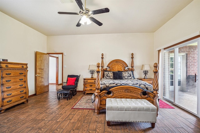 bedroom featuring dark wood-type flooring, access to outside, and ceiling fan