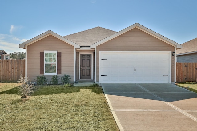 ranch-style home with a garage and a front lawn