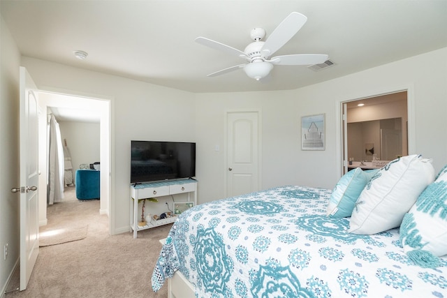 carpeted bedroom featuring ceiling fan