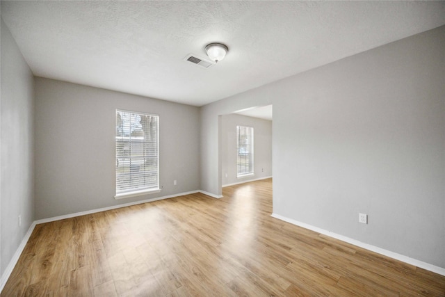 empty room featuring a textured ceiling, light hardwood / wood-style flooring, and a wealth of natural light