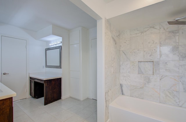 bathroom with vanity, tile patterned flooring, and independent shower and bath