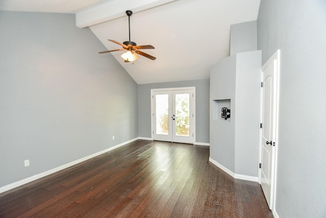 spare room with beam ceiling, high vaulted ceiling, dark hardwood / wood-style flooring, and french doors