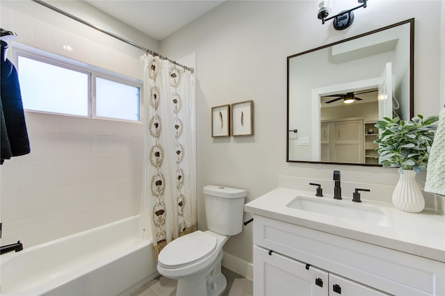 full bathroom featuring shower / bathtub combination with curtain, vanity, and toilet