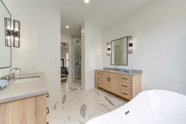 bathroom featuring vanity and plus walk in shower