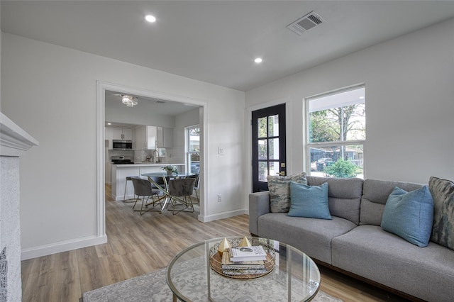 living room featuring sink and light wood-type flooring