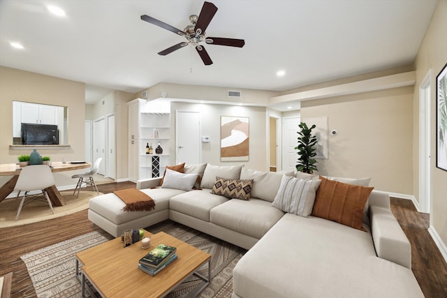 4901 Floyd St Unit 10, Houston, TX 77007 - living room featuring recessed lighting, wood finished floors, ceiling fan, and baseboards