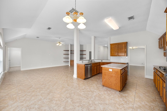 kitchen featuring lofted ceiling, stainless steel dishwasher, kitchen peninsula, a kitchen island, and pendant lighting