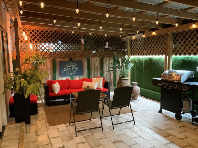 view of patio / terrace with area for grilling, an outdoor hangout area, and a pergola