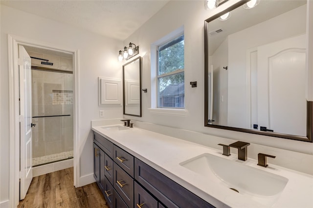 bathroom with walk in shower, vanity, and wood-type flooring