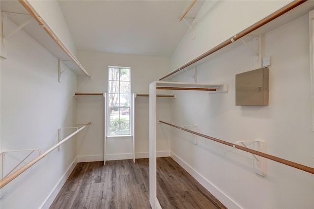 walk in closet featuring vaulted ceiling and hardwood / wood-style floors