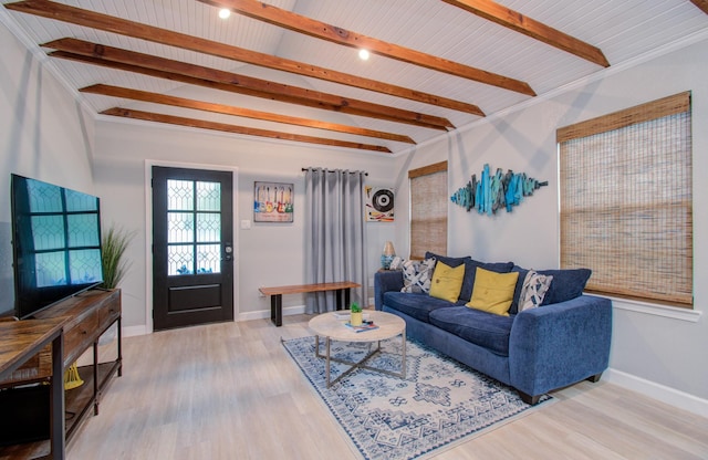 living room featuring wooden ceiling, beam ceiling, and light wood-type flooring